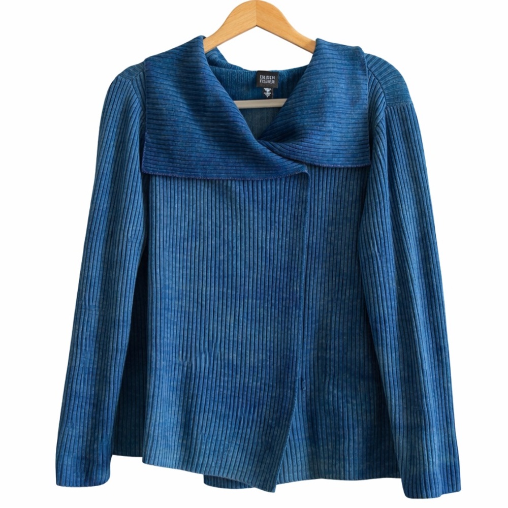 Eileen Fisher Merino Wool Rib Knit Wrap Cardigan Space Dyed Blue S